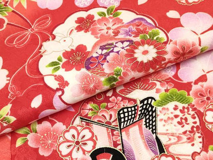 平和屋着物[]七五三　女の子　３歳　祝着　三つ身　長襦袢(単衣)・被布・巾着セット　兎　雪輪御所車花文　暈し染め　金彩　DABC5142ma