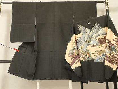 平和屋着物[]七五三 男の子 祝着・羽織セット 鷹 鷲 地紙風景松文 金彩 逸品 DABC5145ma