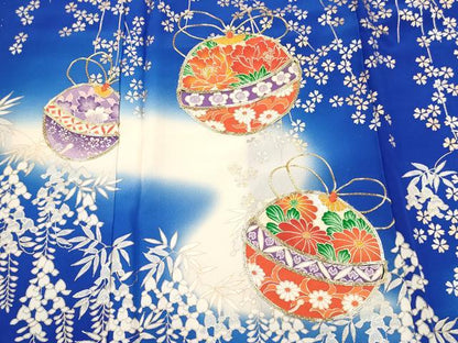 平和屋着物[]七五三　女の子　７歳　祝着　四つ身　長襦袢(無双仕立て)セット　駒刺繍　鈴花文　暈し染め　金銀彩　逸品　DABC5146ma