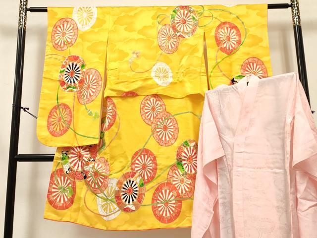 平和屋着物[]七五三　女の子　７歳　祝着　四つ身　長襦袢(単衣)セット　駒刺繍　源氏車花文　金彩　洗える着物　DABC5148ma