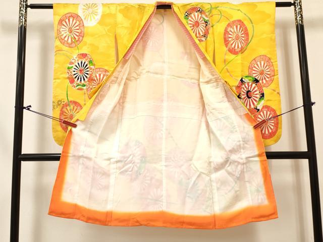 平和屋着物[]七五三　女の子　７歳　祝着　四つ身　長襦袢(単衣)セット　駒刺繍　源氏車花文　金彩　洗える着物　DABC5148ma