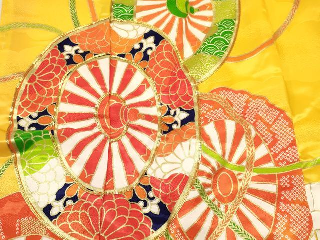 平和屋着物[]七五三　女の子　７歳　祝着　四つ身　長襦袢(単衣)セット　駒刺繍　源氏車花文　金彩　洗える着物　DABC5148ma