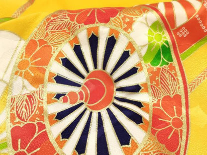 平和屋着物[]七五三　女の子　７歳　祝着　四つ身　長襦袢(単衣)セット　駒刺繍　源氏車花文　金彩　洗える着物　DABC5148ma