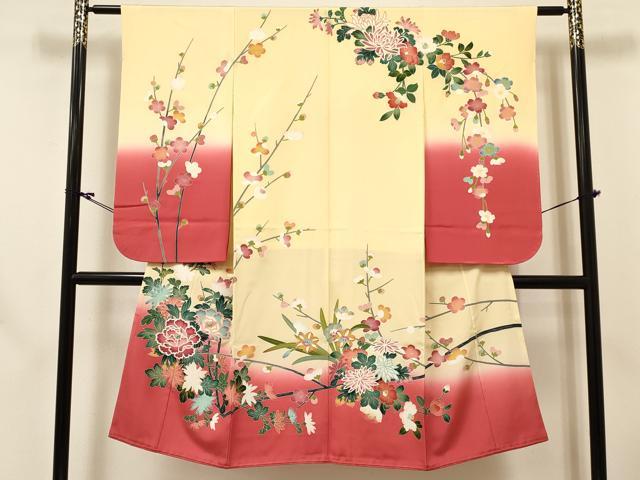 平和屋着物[]七五三　女の子　７歳　祝着　四つ身　長襦袢(無双仕立て)セット　友禅　作家物　牡丹花文　暈し染め　逸品　DABC5149ma