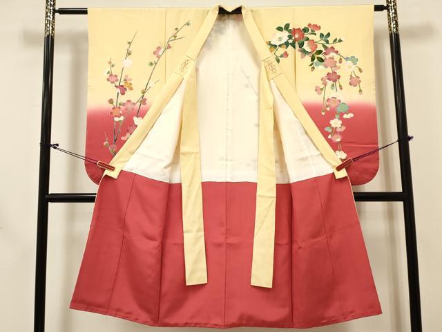 平和屋着物[]七五三　女の子　７歳　祝着　四つ身　長襦袢(無双仕立て)セット　友禅　作家物　牡丹花文　暈し染め　逸品　DABC5149ma