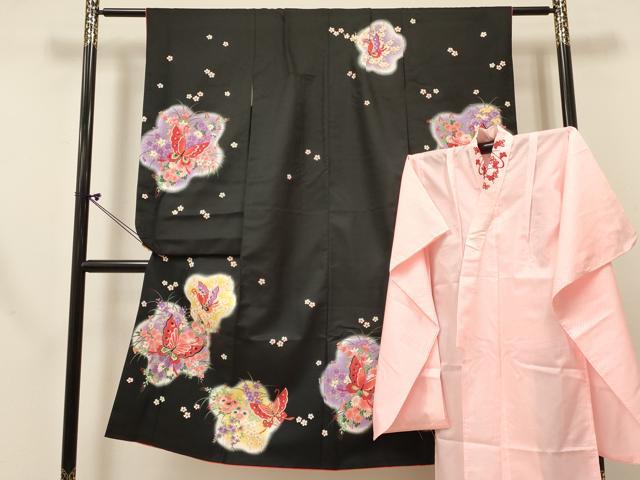 平和屋着物[]七五三　女の子　７歳　祝着　四つ身　襦袢(単衣・半衿刺繍)セット　花蝶文　暈し染め　黒地　金彩　DABC5150ma
