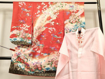 平和屋着物[]七五三　女の子　３歳　祝着　三つ身　長襦袢(単衣・半衿刺繍)セット　鼓飛鶴花文　暈し染め　金彩　DABC5151ma