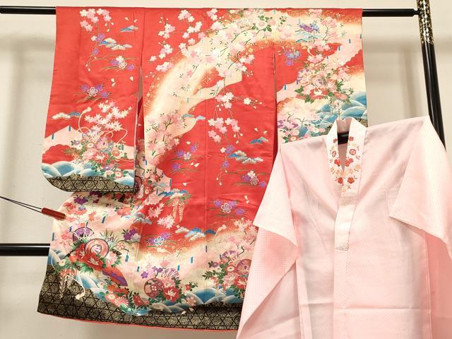 平和屋着物[]七五三　女の子　３歳　祝着　三つ身　長襦袢(単衣・半衿刺繍)セット　鼓飛鶴花文　暈し染め　金彩　DABC5151ma