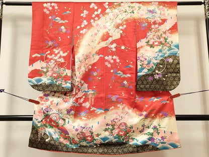平和屋着物[]七五三　女の子　３歳　祝着　三つ身　長襦袢(単衣・半衿刺繍)セット　鼓飛鶴花文　暈し染め　金彩　DABC5151ma