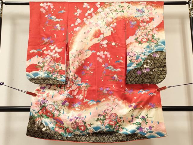 平和屋着物[]七五三　女の子　３歳　祝着　三つ身　長襦袢(単衣・半衿刺繍)セット　鼓飛鶴花文　暈し染め　金彩　DABC5151ma