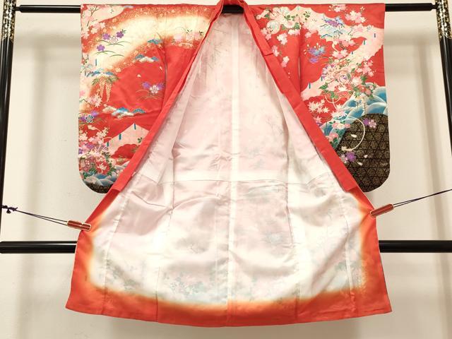 平和屋着物[]七五三　女の子　３歳　祝着　三つ身　長襦袢(単衣・半衿刺繍)セット　鼓飛鶴花文　暈し染め　金彩　DABC5151ma
