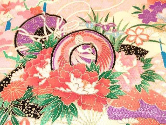 平和屋着物[]七五三　女の子　３歳　祝着　三つ身　長襦袢(単衣・半衿刺繍)セット　鼓飛鶴花文　暈し染め　金彩　DABC5151ma