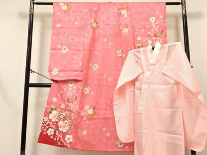 平和屋着物[]七五三　女の子　７歳　祝着　四つ身　襦袢(単衣)セット　色紙重ね花蝶文　暈し染め　金銀彩　逸品　DABC5152ma