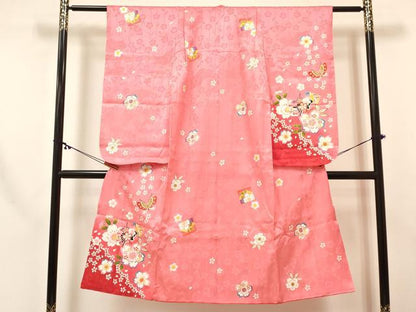 平和屋着物[]七五三　女の子　７歳　祝着　四つ身　襦袢(単衣)セット　色紙重ね花蝶文　暈し染め　金銀彩　逸品　DABC5152ma