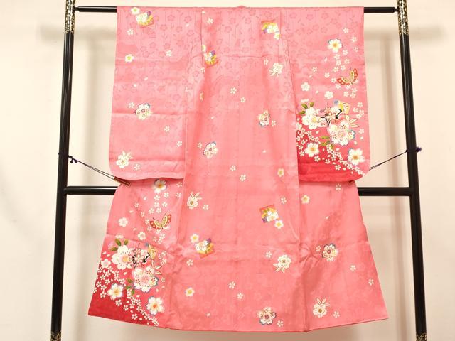 平和屋着物[]七五三　女の子　７歳　祝着　四つ身　襦袢(単衣)セット　色紙重ね花蝶文　暈し染め　金銀彩　逸品　DABC5152ma
