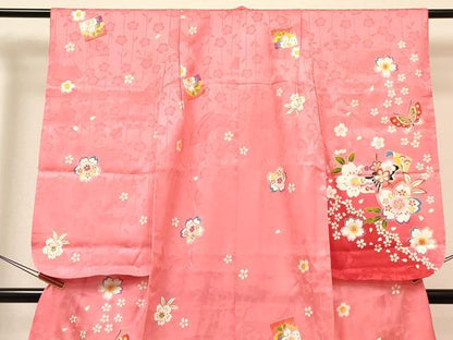 平和屋着物[]七五三　女の子　７歳　祝着　四つ身　襦袢(単衣)セット　色紙重ね花蝶文　暈し染め　金銀彩　逸品　DABC5152ma