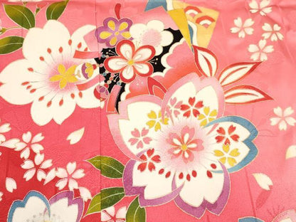 平和屋着物[]七五三　女の子　７歳　祝着　四つ身　襦袢(単衣)セット　色紙重ね花蝶文　暈し染め　金銀彩　逸品　DABC5152ma