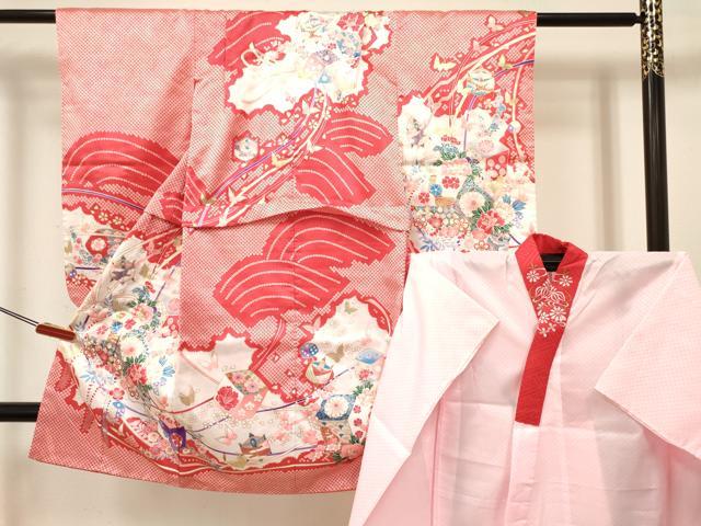 平和屋着物[]七五三　女の子　３歳　祝着　三つ身　長襦袢(単衣・半衿刺繍)セット　糸車花蝶文　金銀彩　洗える着物　DABC5153ma