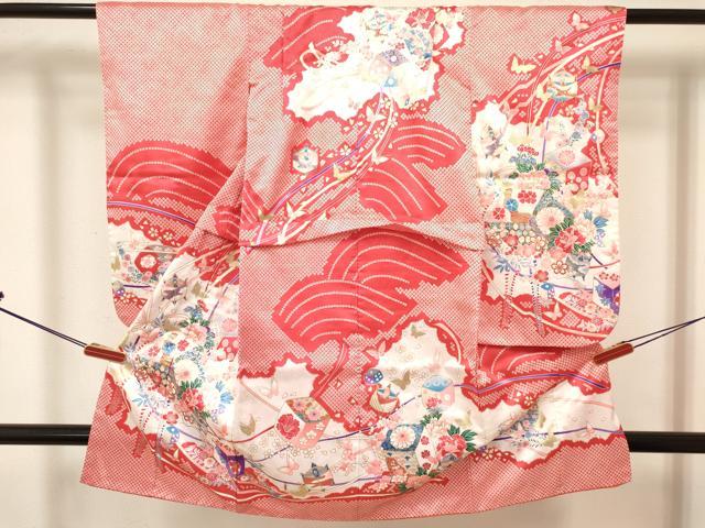 平和屋着物[]七五三　女の子　３歳　祝着　三つ身　長襦袢(単衣・半衿刺繍)セット　糸車花蝶文　金銀彩　洗える着物　DABC5153ma