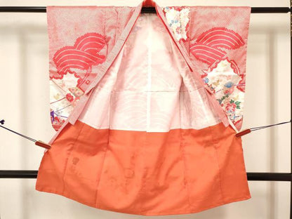 平和屋着物[]七五三　女の子　３歳　祝着　三つ身　長襦袢(単衣・半衿刺繍)セット　糸車花蝶文　金銀彩　洗える着物　DABC5153ma