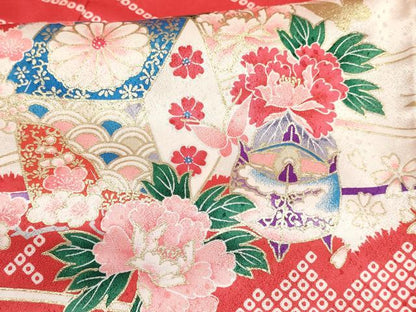 平和屋着物[]七五三　女の子　３歳　祝着　三つ身　長襦袢(単衣・半衿刺繍)セット　糸車花蝶文　金銀彩　洗える着物　DABC5153ma