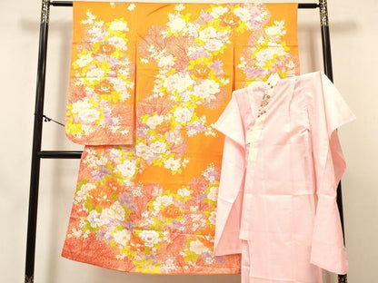 平和屋着物[]七五三　女の子　７歳　祝着　四つ身　長襦袢(単衣・半衿刺繍)セット　駒刺繍　牡丹花文　金彩　逸品　DABC5154ma
