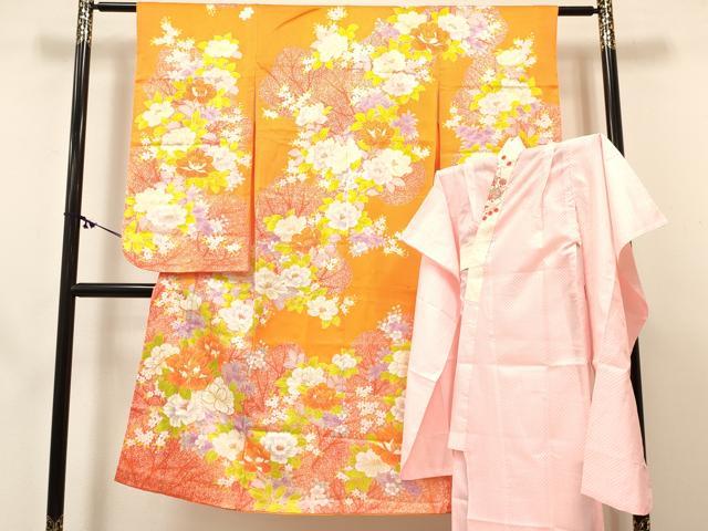 平和屋着物[]七五三　女の子　７歳　祝着　四つ身　長襦袢(単衣・半衿刺繍)セット　駒刺繍　牡丹花文　金彩　逸品　DABC5154ma