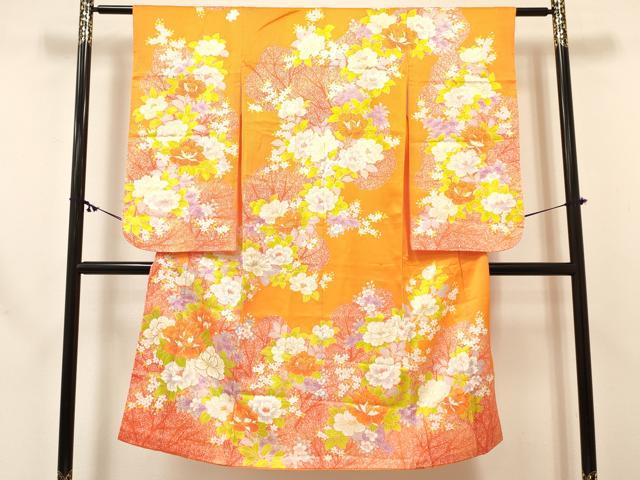 平和屋着物[]七五三　女の子　７歳　祝着　四つ身　長襦袢(単衣・半衿刺繍)セット　駒刺繍　牡丹花文　金彩　逸品　DABC5154ma