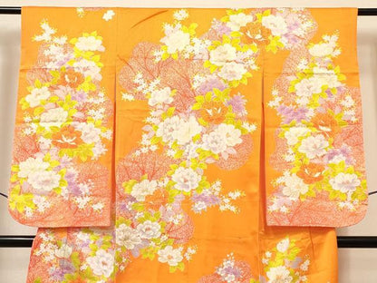 平和屋着物[]七五三　女の子　７歳　祝着　四つ身　長襦袢(単衣・半衿刺繍)セット　駒刺繍　牡丹花文　金彩　逸品　DABC5154ma