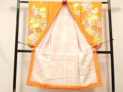 平和屋着物[]七五三　女の子　７歳　祝着　四つ身　長襦袢(単衣・半衿刺繍)セット　駒刺繍　牡丹花文　金彩　逸品　DABC5154ma