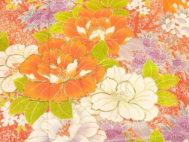 平和屋着物[]七五三　女の子　７歳　祝着　四つ身　長襦袢(単衣・半衿刺繍)セット　駒刺繍　牡丹花文　金彩　逸品　DABC5154ma