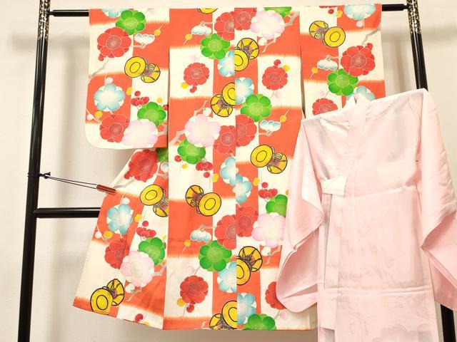 平和屋着物[]七五三　女の子　７歳　祝着　四つ身　長襦袢(無双仕立て)セット　鼓枝梅文　金彩　逸品　DABC5155ma
