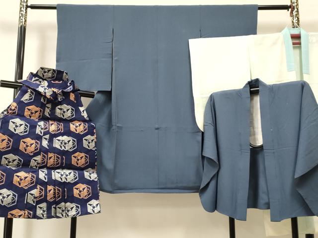 平和屋着物[]七五三　男の子　祝着・羽織・長襦袢(無双仕立て)・行灯袴セット　御召御納戸色　逸品　DABC5156ma