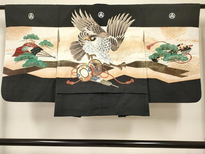平和屋着物[]七五三　男の子　祝着・羽織・長襦袢(単衣)セット　鷹　鷲　鼓扇面松文　金彩　DABC5157ma