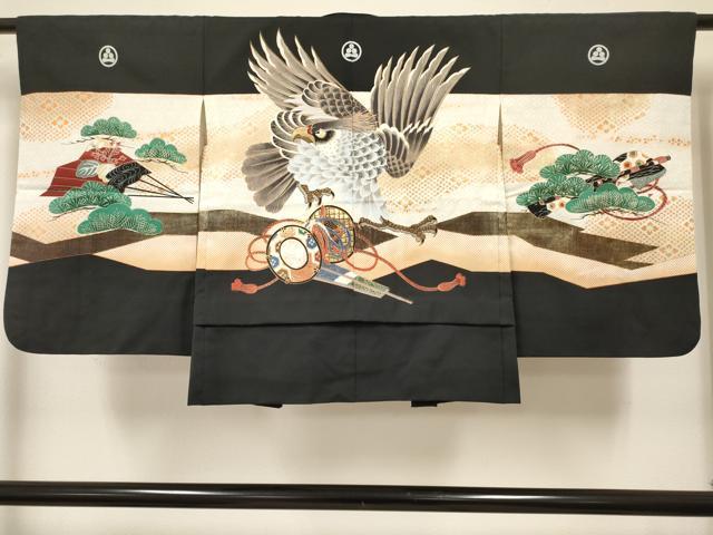 平和屋着物[]七五三　男の子　祝着・羽織・長襦袢(単衣)セット　鷹　鷲　鼓扇面松文　金彩　DABC5157ma