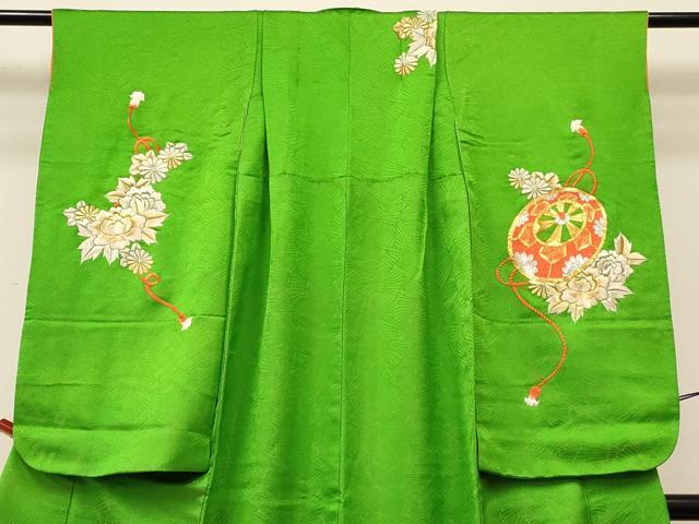 平和屋着物∵女の子 十三参り 子供 祝着・長襦袢(無双仕立て)セット 駒刺繍 総刺繍 源氏車花文 金銀糸 金通し地 逸品 DABC5159ma