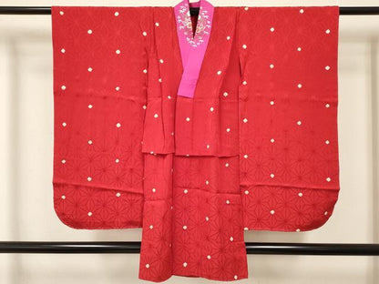 平和屋着物∵女の子 十三参り 子供 祝着・長襦袢(無双仕立て)セット 駒刺繍 総刺繍 源氏車花文 金銀糸 金通し地 逸品 DABC5159ma