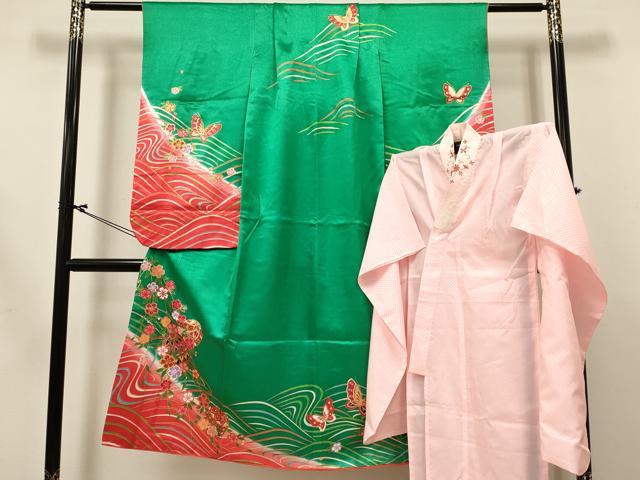 平和屋着物[]七五三　女の子　７歳　祝着　四つ身　襦袢(単衣・半衿刺繍)セット　鞠花蝶文　暈し染め　金彩　逸品　DABC5160ma