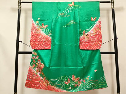 平和屋着物[]七五三　女の子　７歳　祝着　四つ身　襦袢(単衣・半衿刺繍)セット　鞠花蝶文　暈し染め　金彩　逸品　DABC5160ma