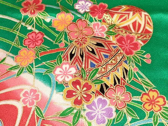 平和屋着物[]七五三　女の子　７歳　祝着　四つ身　襦袢(単衣・半衿刺繍)セット　鞠花蝶文　暈し染め　金彩　逸品　DABC5160ma