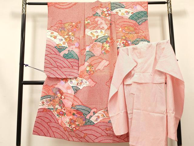 平和屋着物[]七五三　女の子　７歳　祝着　四つ身　長襦袢(単衣)セット　鼓立波花文　金彩　逸品　DABC5161ma