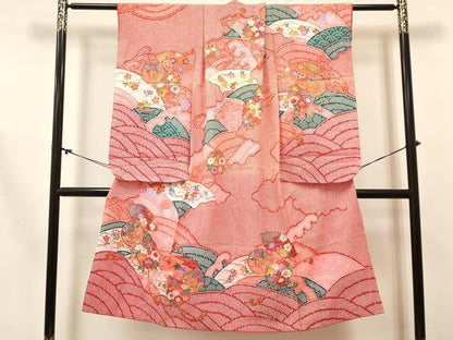 平和屋着物[]七五三　女の子　７歳　祝着　四つ身　長襦袢(単衣)セット　鼓立波花文　金彩　逸品　DABC5161ma