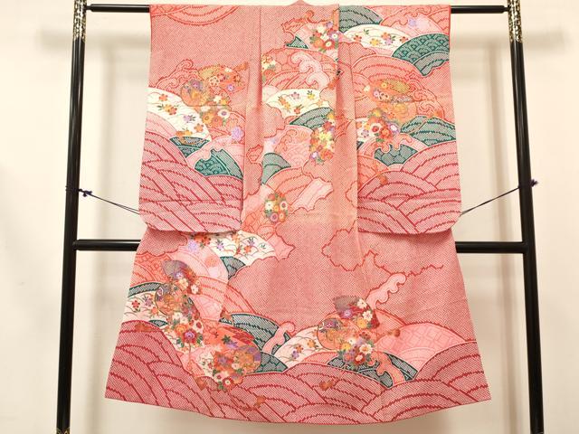 平和屋着物[]七五三　女の子　７歳　祝着　四つ身　長襦袢(単衣)セット　鼓立波花文　金彩　逸品　DABC5161ma