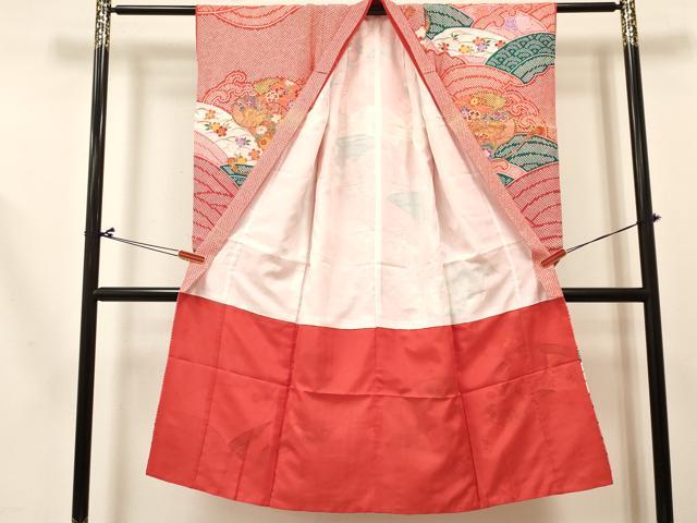 平和屋着物[]七五三　女の子　７歳　祝着　四つ身　長襦袢(単衣)セット　鼓立波花文　金彩　逸品　DABC5161ma