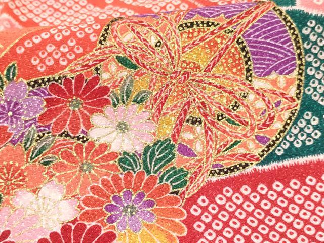 平和屋着物[]七五三　女の子　７歳　祝着　四つ身　長襦袢(単衣)セット　鼓立波花文　金彩　逸品　DABC5161ma