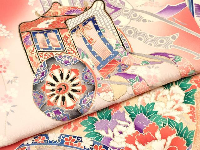 平和屋着物[]七五三　女の子　３歳　祝着　三つ身　長襦袢(袷)セット　御所車飛鶴花文　暈し染め　金彩　逸品　DABC5162ma