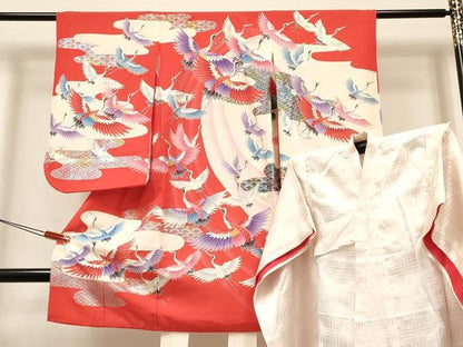 平和屋着物[]七五三 女の子 ３歳 祝着 三つ身 長襦袢(袷)セット 群れ鶴 金銀彩 逸品 DABC5163ma