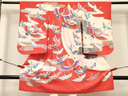 平和屋着物[]七五三　女の子　３歳　祝着　三つ身　長襦袢(袷)セット　群れ鶴　金銀彩　逸品　DABC5163ma