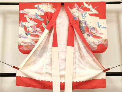 平和屋着物[]七五三 女の子 ３歳 祝着 三つ身 長襦袢(袷)セット 群れ鶴 金銀彩 逸品 DABC5163ma