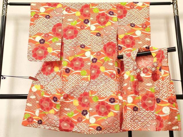 平和屋着物[]七五三　女の子　３歳　祝着　三つ身　被布セット　芝梅文　金彩　逸品　DABC5164ma